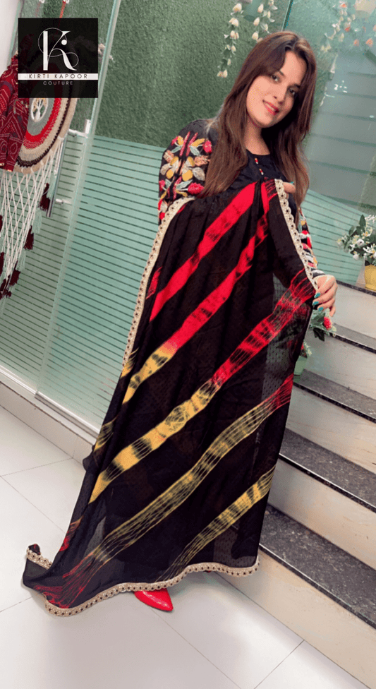 Black Crepe Anarkali with Embroidered Sleeves and Tie - Dye Dupatta - Kirti Kapoor Couture