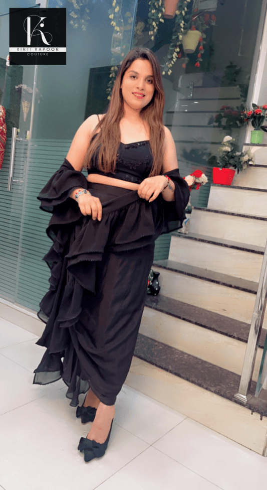Black Drape Dress with a Ruffled Dupatta - Kirti Kapoor Couture