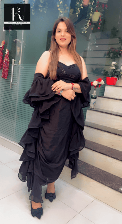 Black Drape Dress with a Ruffled Dupatta - Kirti Kapoor Couture