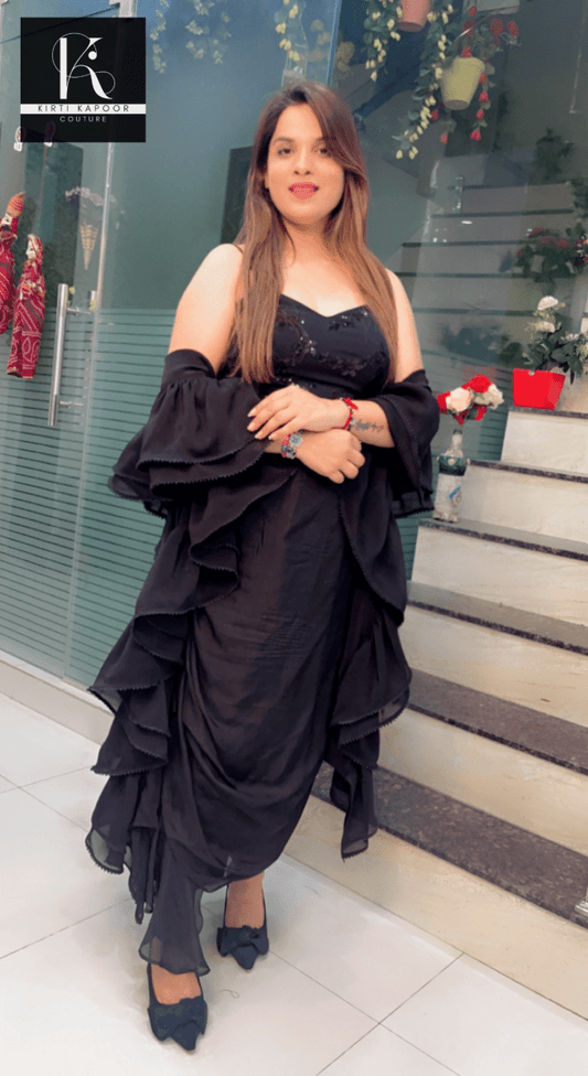Black Drape Dress with a Ruffled Dupatta - Kirti Kapoor Couture
