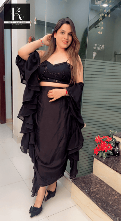 Black Drape Dress with a Ruffled Dupatta - Kirti Kapoor Couture