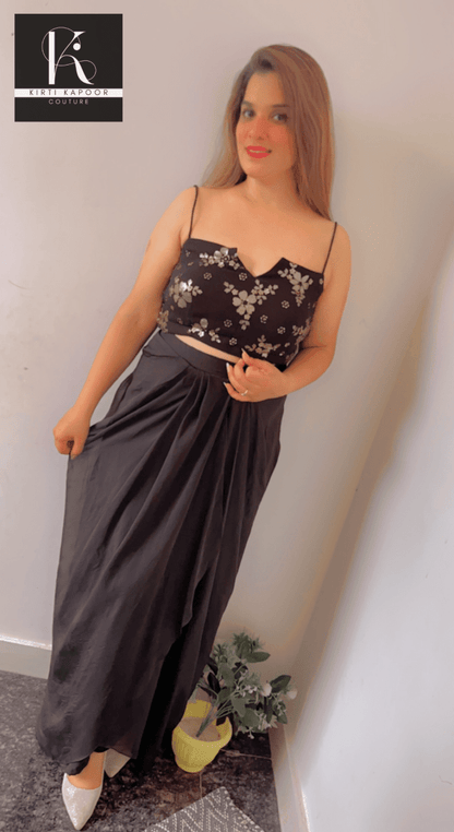 Black Dress With An Embroidered Blouse Plus A Detachable Cape - Kirti Kapoor Couture