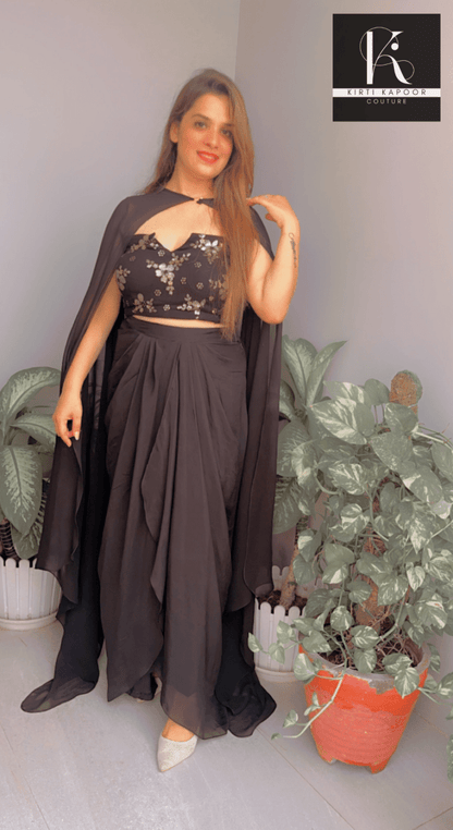 Black Dress With An Embroidered Blouse Plus A Detachable Cape - Kirti Kapoor Couture