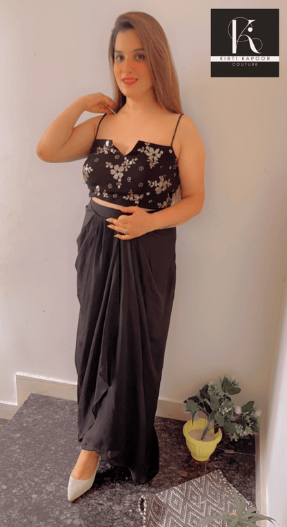 Black Dress With An Embroidered Blouse Plus A Detachable Cape - Kirti Kapoor Couture
