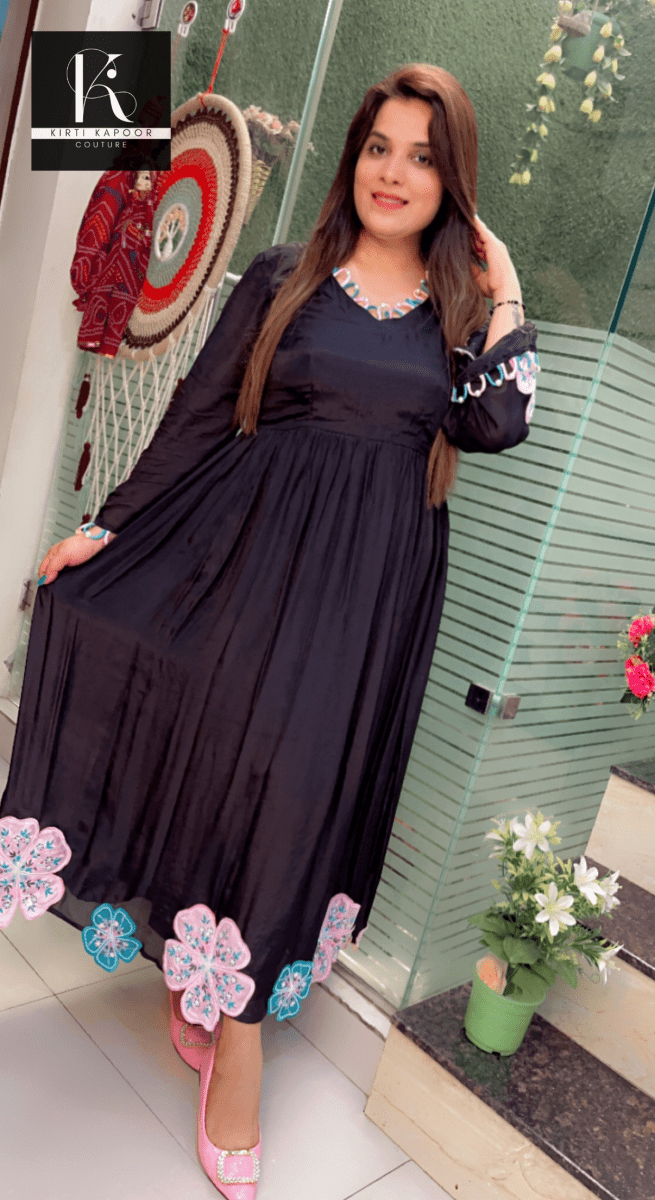 Black Embroidered Anarkali (Pink, White, Blue Designing) - Kirti Kapoor Couture