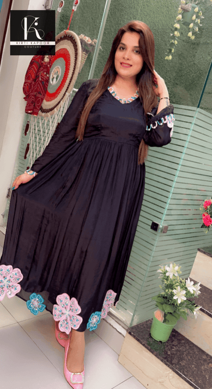 Black Embroidered Anarkali (Pink, White, Blue Designing) - Kirti Kapoor Couture