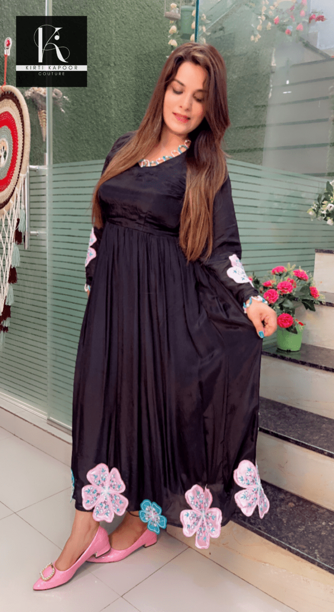 Black Embroidered Anarkali (Pink, White, Blue Designing) - Kirti Kapoor Couture
