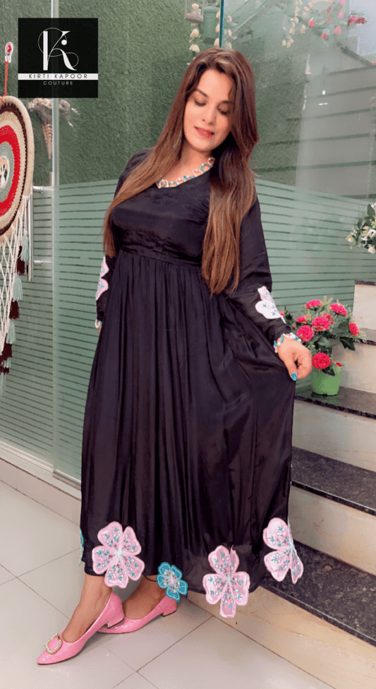 Black Embroidered Anarkali (Pink, White, Blue Designing) - Kirti Kapoor Couture