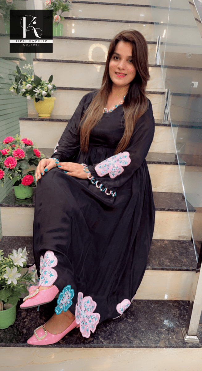 Black Embroidered Anarkali (Pink, White, Blue Designing) - Kirti Kapoor Couture