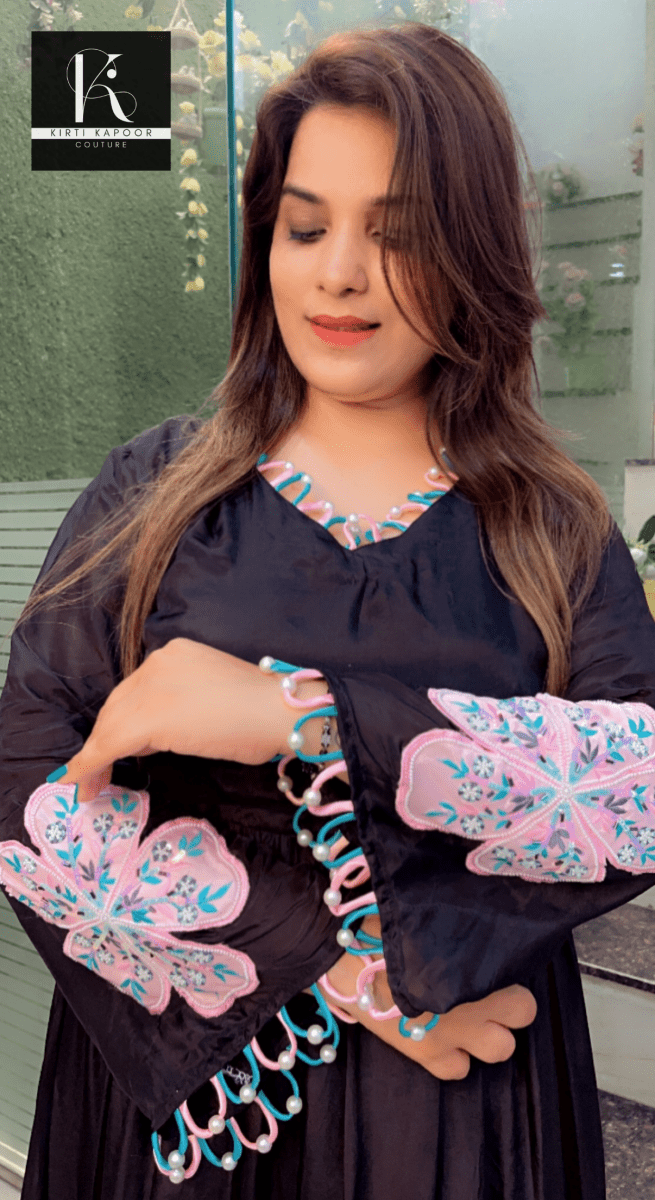 Black Embroidered Anarkali (Pink, White, Blue Designing) - Kirti Kapoor Couture