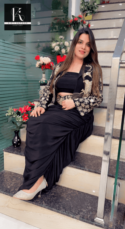 Black Embroidered Three - Piece Drape Dress - Kirti Kapoor Couture
