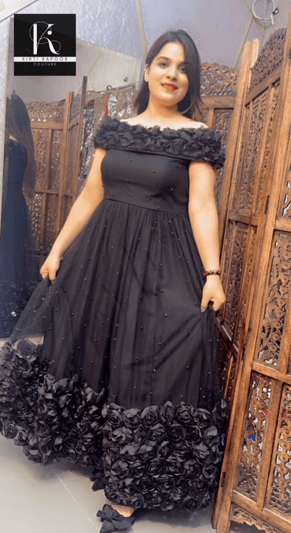 Black Flower Gown (Perfect Evening Party Fit) - Kirti Kapoor Couture