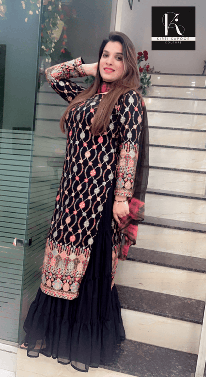 Black Gathered Skirt Suit with Multicolored Work Shirt - Kirti Kapoor Couture