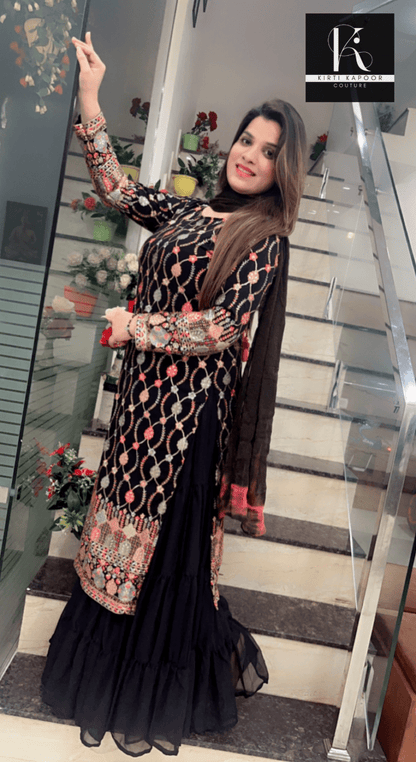 Black Gathered Skirt Suit with Multicolored Work Shirt - Kirti Kapoor Couture