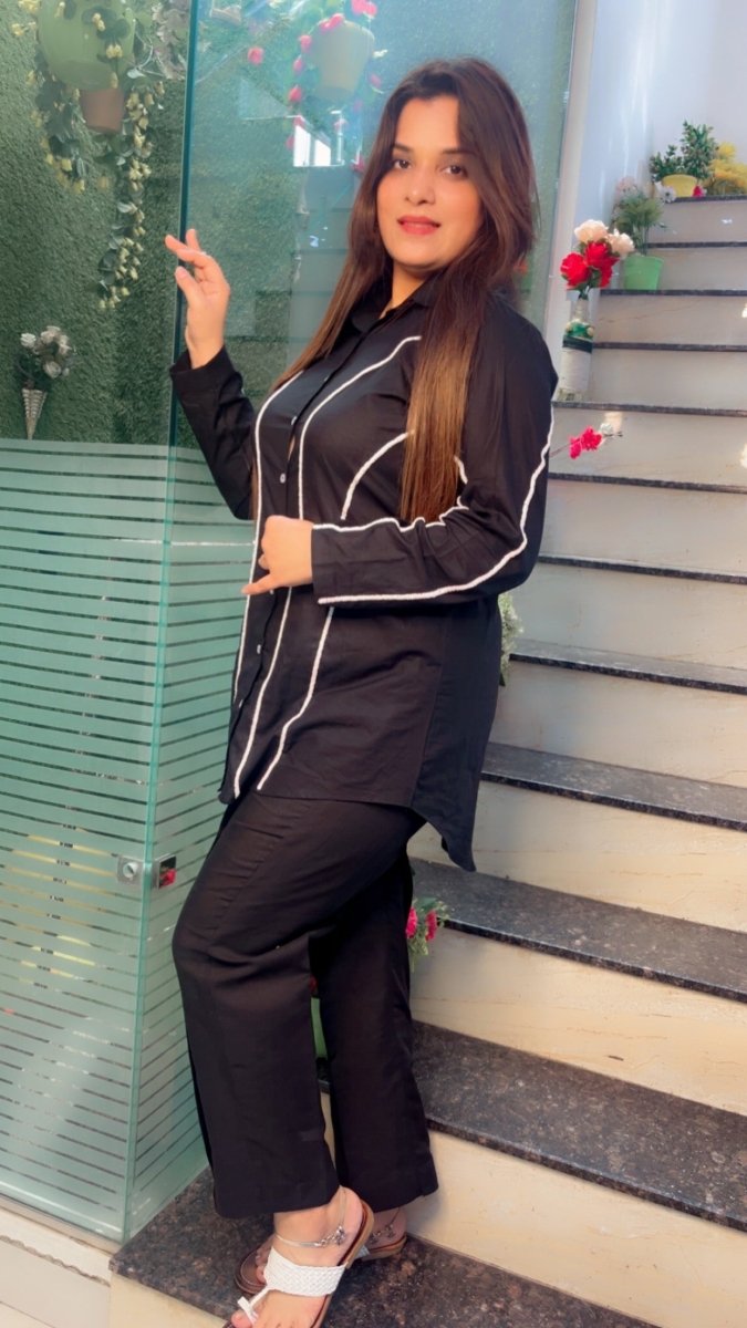 Black Hand - Embroidered Shirt Style Co - ord Set - Kirti Kapoor Couture