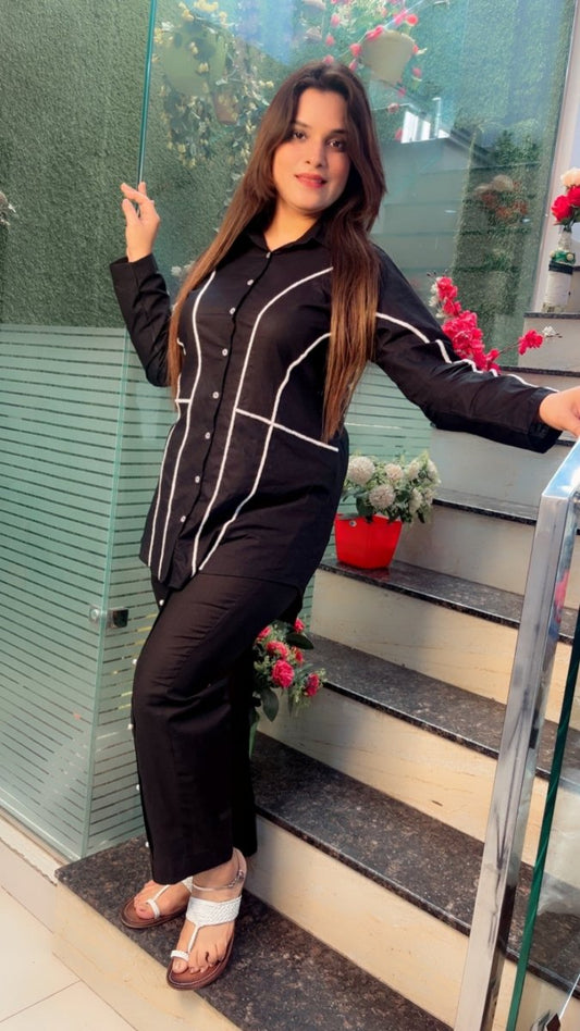 Black Hand - Embroidered Shirt Style Co - ord Set - Kirti Kapoor Couture
