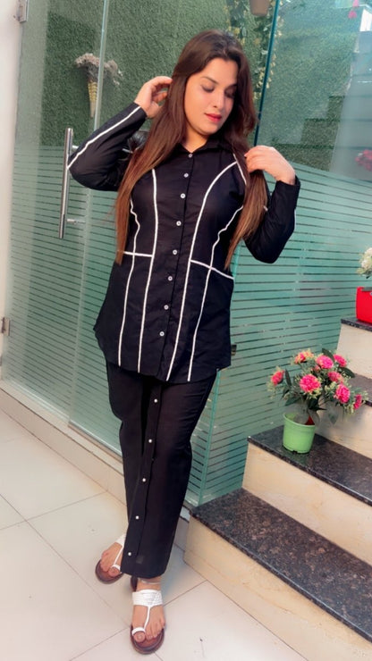 Black Hand - Embroidered Shirt Style Co - ord Set - Kirti Kapoor Couture
