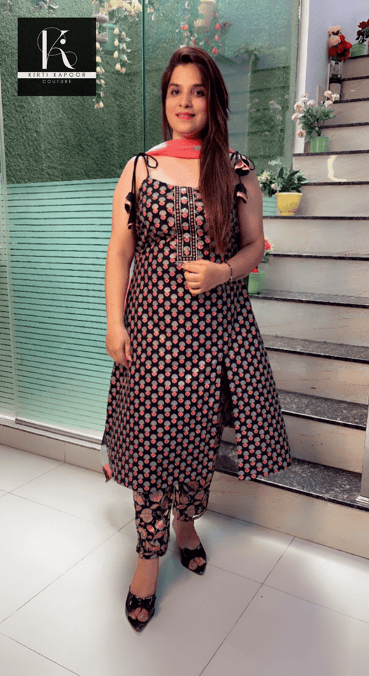 Black Jaipuri Suit with Designer Pant & Dupatta - Kirti Kapoor Couture