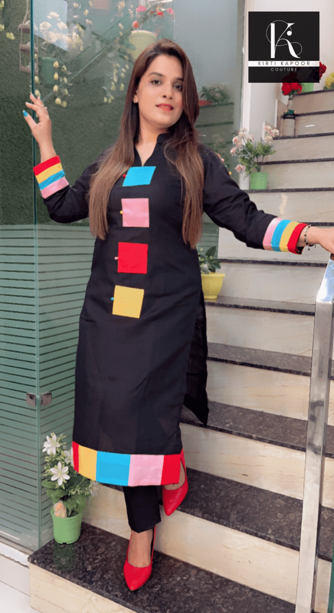 Black Kurti and Pant Set with Colourful Designing Overall - Kirti Kapoor Couture