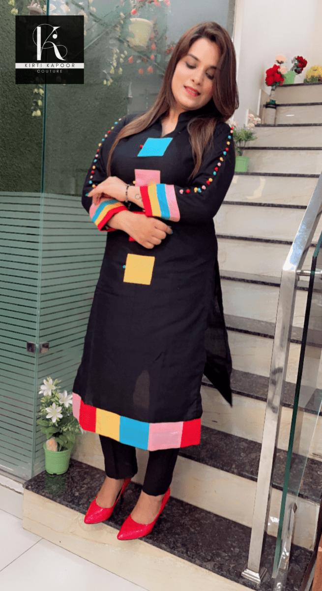 Black Kurti and Pant Set with Colourful Designing Overall - Kirti Kapoor Couture