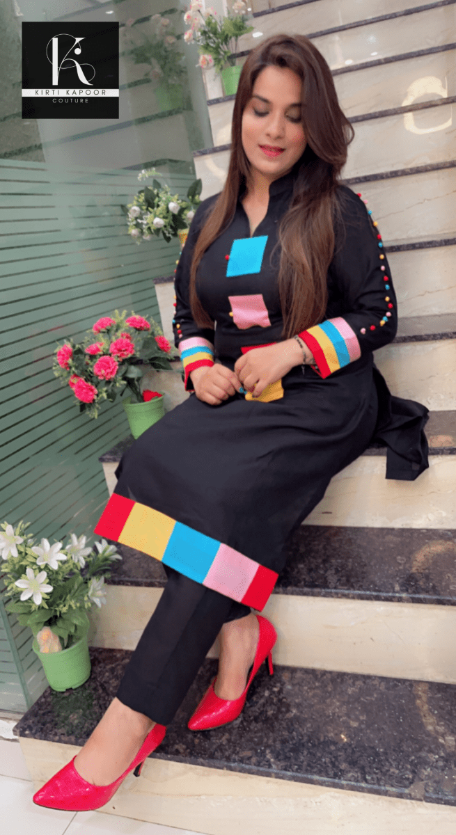 Black Kurti and Pant Set with Colourful Designing Overall - Kirti Kapoor Couture