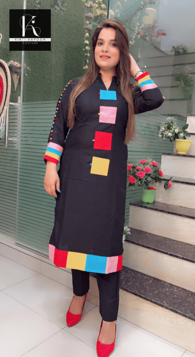 Black Kurti and Pant Set with Colourful Designing Overall - Kirti Kapoor Couture