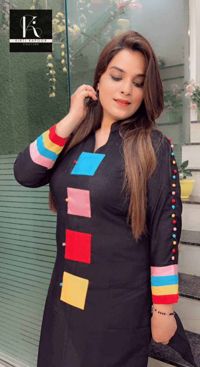 Black Kurti and Pant Set with Colourful Designing Overall - Kirti Kapoor Couture