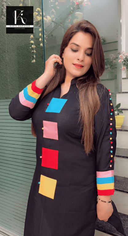 Black Kurti and Pant Set with Colourful Designing Overall - Kirti Kapoor Couture