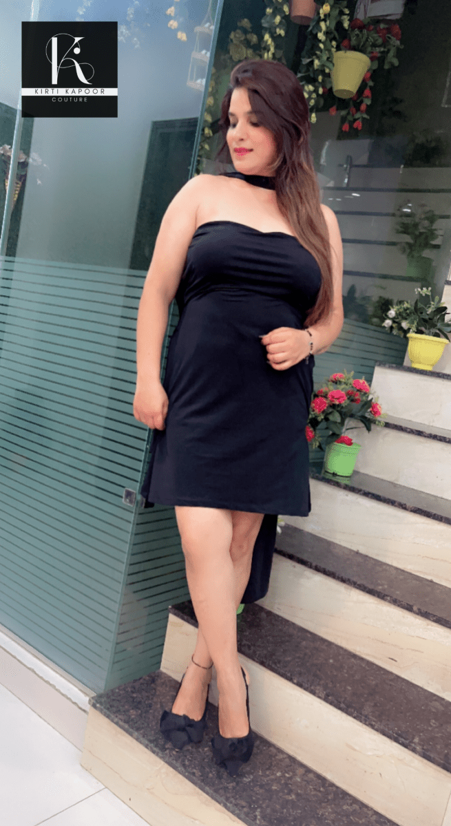 Black Stretchable Short Dress with Back - Bow Designing - Kirti Kapoor Couture