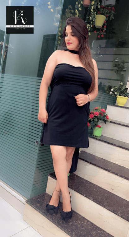Black Stretchable Short Dress with Back - Bow Designing - Kirti Kapoor Couture
