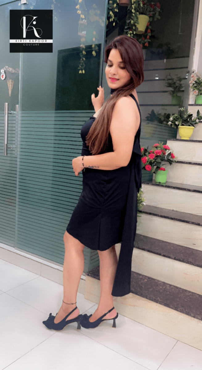 Black Stretchable Short Dress with Back - Bow Designing - Kirti Kapoor Couture