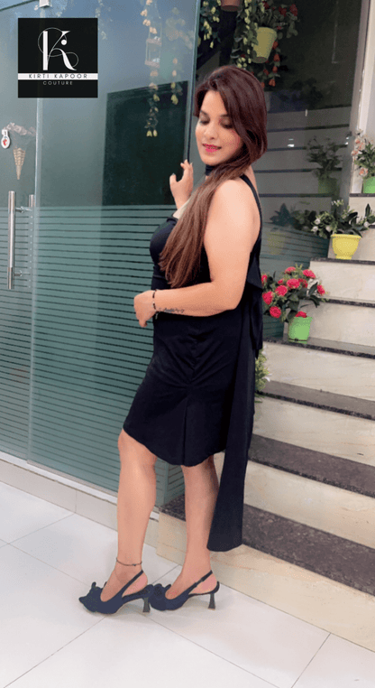 Black Stretchable Short Dress with Back - Bow Designing - Kirti Kapoor Couture