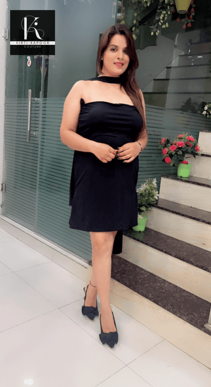 Black Stretchable Short Dress with Back - Bow Designing - Kirti Kapoor Couture