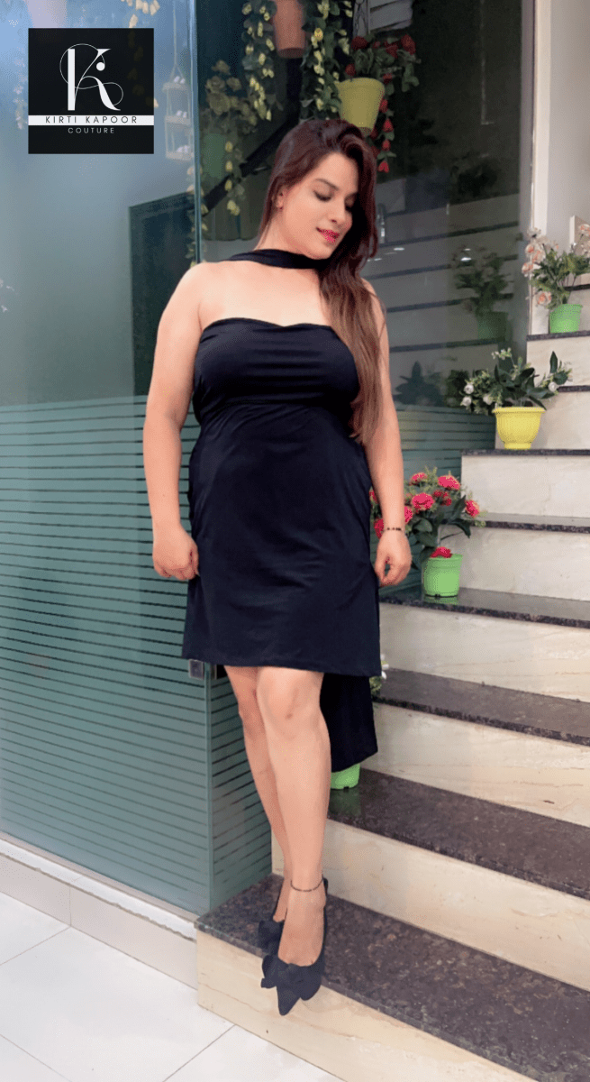 Black Stretchable Short Dress with Back - Bow Designing - Kirti Kapoor Couture