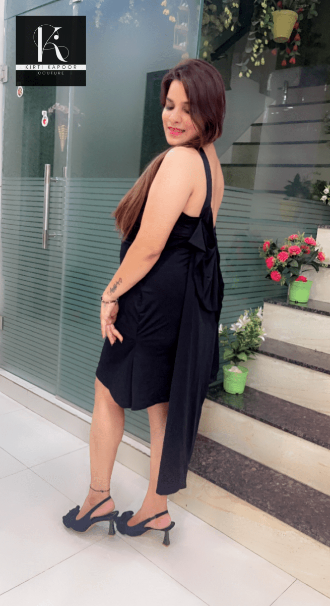 Black Stretchable Short Dress with Back - Bow Designing - Kirti Kapoor Couture