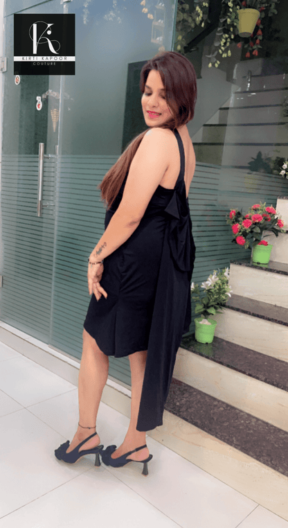 Black Stretchable Short Dress with Back - Bow Designing - Kirti Kapoor Couture