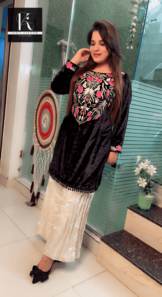 Black velvet embroidered shirt with pleated brocade plazo - Kirti Kapoor Couture