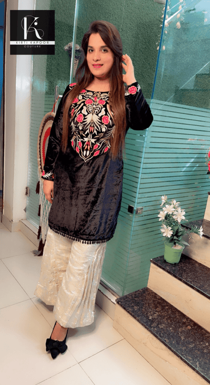 Black velvet embroidered shirt with pleated brocade plazo - Kirti Kapoor Couture