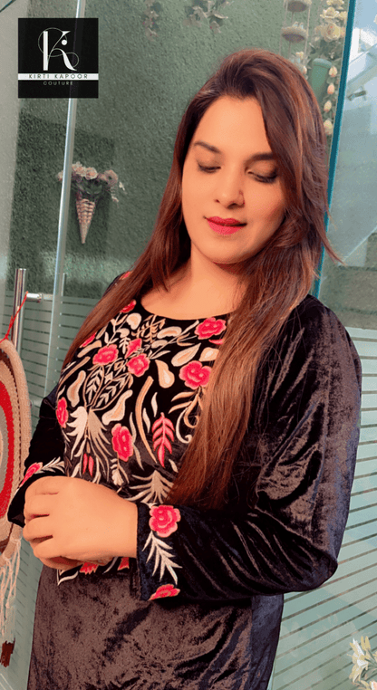 Black velvet embroidered shirt with pleated brocade plazo - Kirti Kapoor Couture