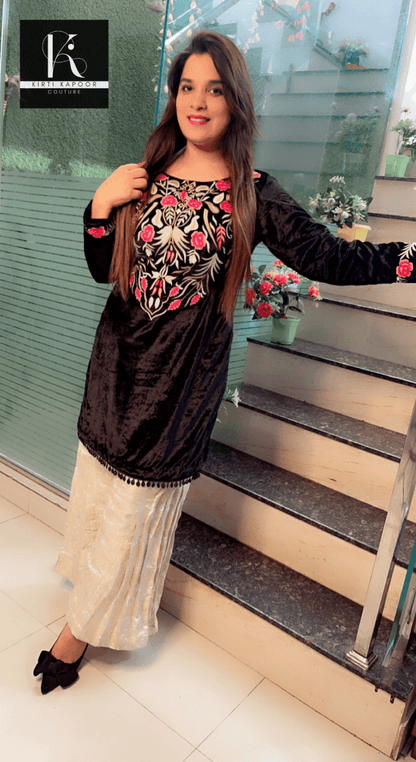 Black velvet embroidered shirt with pleated brocade plazo - Kirti Kapoor Couture