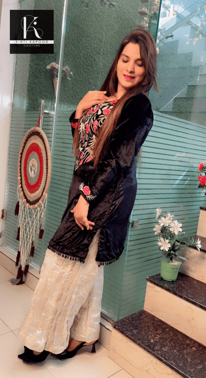 Black velvet embroidered shirt with pleated brocade plazo - Kirti Kapoor Couture
