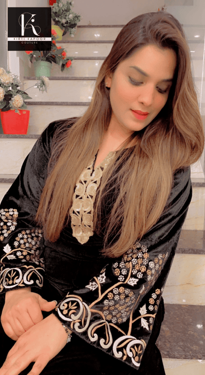 Black Velvet Embroidered Suit with Contrasting Dupatta - Kirti Kapoor Couture