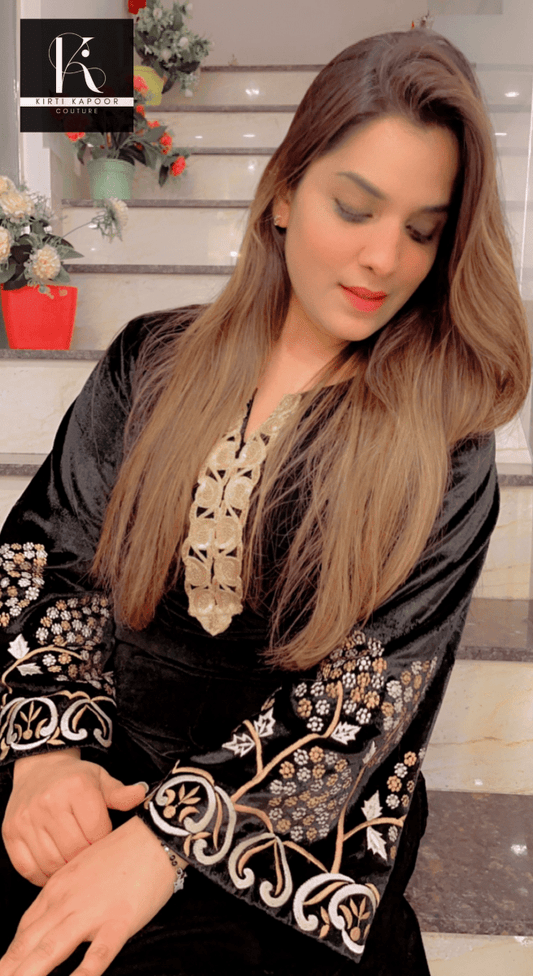 Black Velvet Embroidered Suit with Contrasting Dupatta - Kirti Kapoor Couture