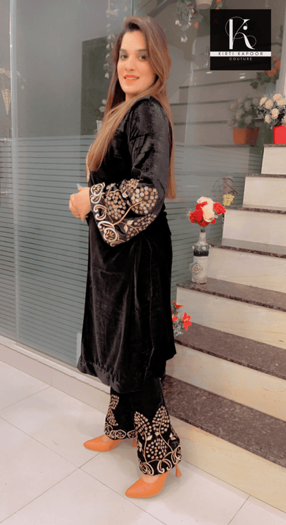Black Velvet Embroidered Suit with Contrasting Dupatta - Kirti Kapoor Couture
