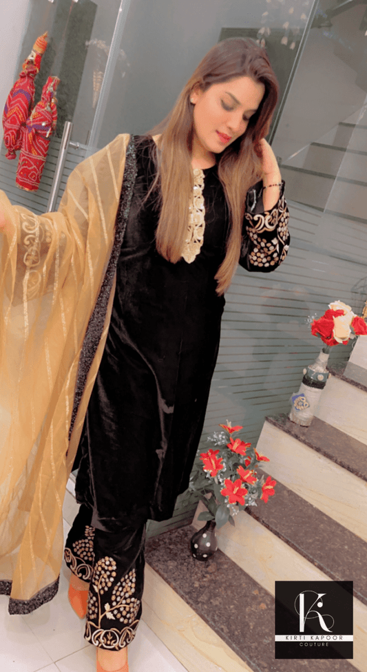 Black Velvet Embroidered Suit with Contrasting Dupatta - Kirti Kapoor Couture