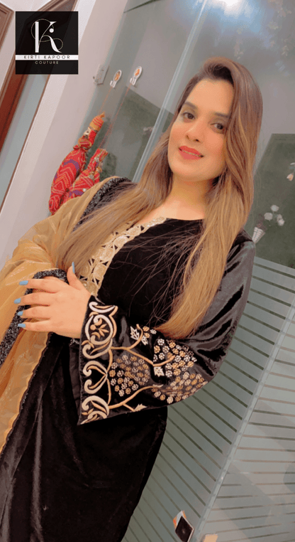 Black Velvet Embroidered Suit with Contrasting Dupatta - Kirti Kapoor Couture