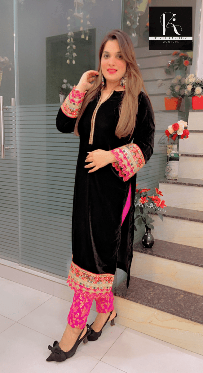 Black Velvet Shirt with Pink Brocade Pant - Kirti Kapoor Couture