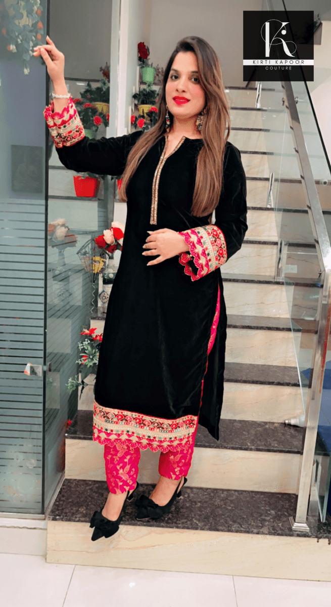 Black Velvet Shirt with Pink Brocade Pant - Kirti Kapoor Couture
