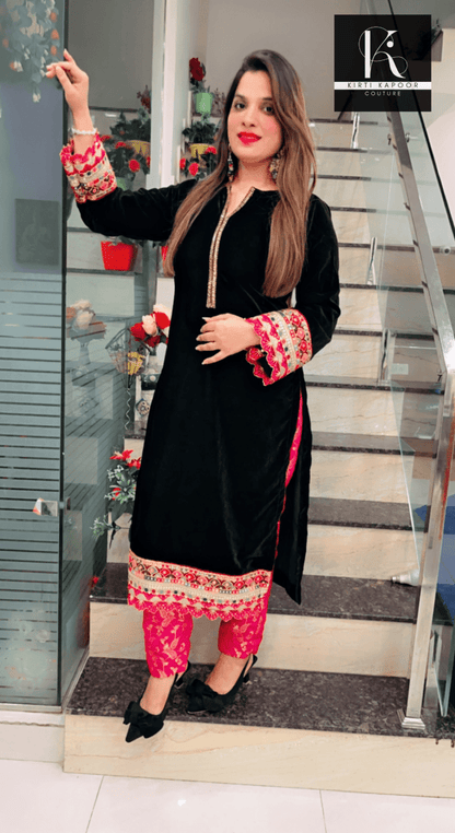 Black Velvet Shirt with Pink Brocade Pant - Kirti Kapoor Couture