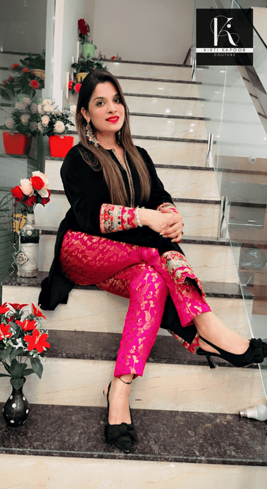 Black Velvet Shirt with Pink Brocade Pant - Kirti Kapoor Couture